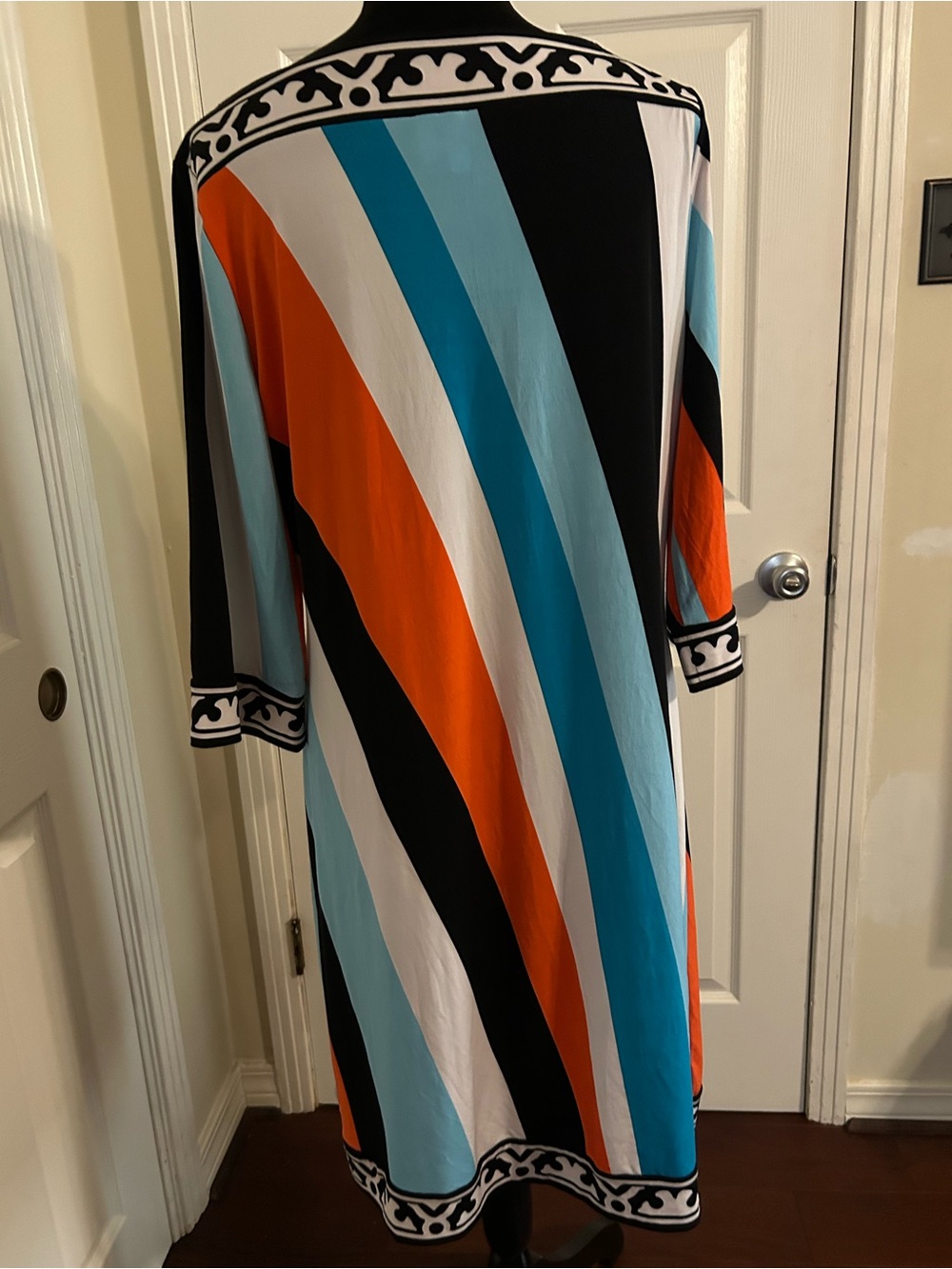 Madison Striped Long Sleeve Midi Dress in Orange, Teal & Black